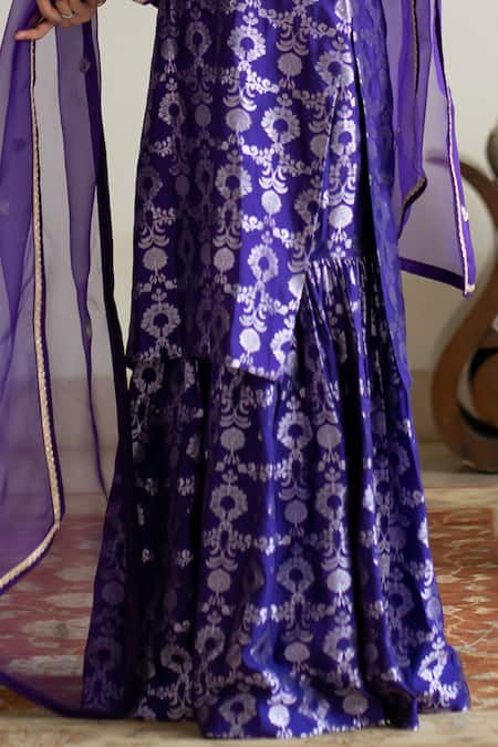 Shop_Sobariko_Purple Silk Embroidery V-neck Jaal Weave Kurta Sharara Set _Online_at_Aza_Fashions