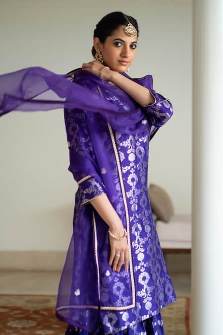 Sobariko_Purple Silk Embroidery V-neck Jaal Weave Kurta Sharara Set _at_Aza_Fashions