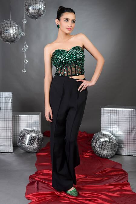 Shop_Talking Threads_Green Tulle, Crepe Rhinestones Emerald Embellished Corset With Pant _Online_at_Aza_Fashions