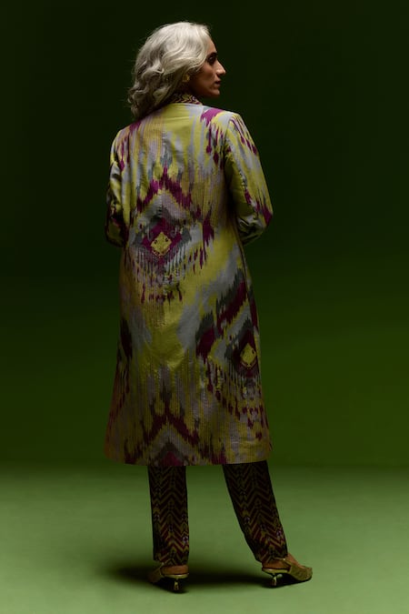 Shop Saundh Purple Jacket Printed Ikat Lapel Collar Jade Longline Pant Set at Aza Fashions Shop_Saundh_Purple Jacket Printed Ikat Lapel Collar Jade Longline Pant Set _at_Aza_Fashions