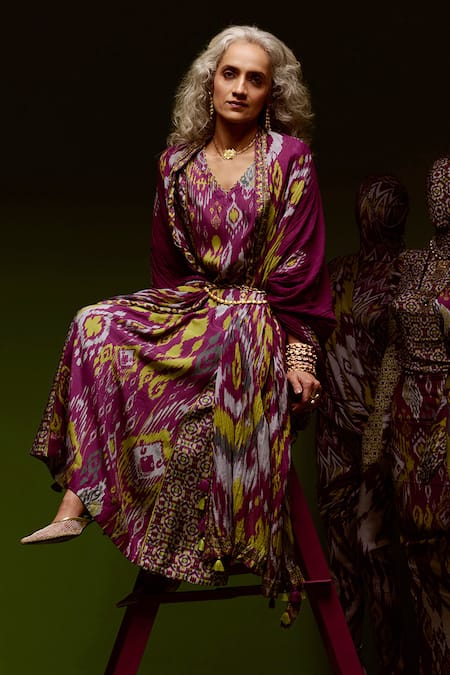 Saundh Purple Muslin, Cotton Satin, Bamboo Embroidery Naira Ikat Print Kurta Pant Set Online at Aza Fashions Saundh_Purple Muslin, Cotton Satin, Bamboo Embroidery Naira Ikat Print Kurta Pant Set _Online_at_Aza_Fashions
