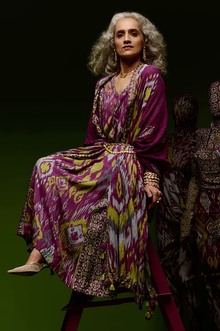 Saundh Purple Muslin, Cotton Satin, Bamboo Embroidery Naira Ikat Print Kurta Pant Set at Aza Fashions Saundh_Purple Muslin, Cotton Satin, Bamboo Embroidery Naira Ikat Print Kurta Pant Set _at_Aza_Fashions