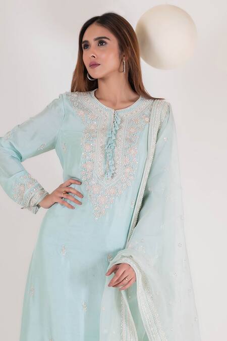 Pallavi Poddar_Blue Organza, Satin, Lycra Sequins, Embroidery Round Bloom Aari Kurta Pant Set _Online_at_Aza_Fashions