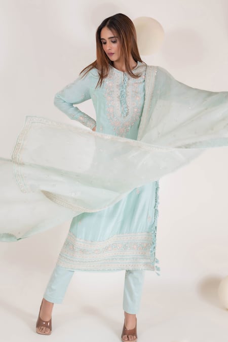 Buy_Pallavi Poddar_Blue Organza, Satin, Lycra Sequins, Embroidery Round Bloom Aari Kurta Pant Set _Online_at_Aza_Fashions