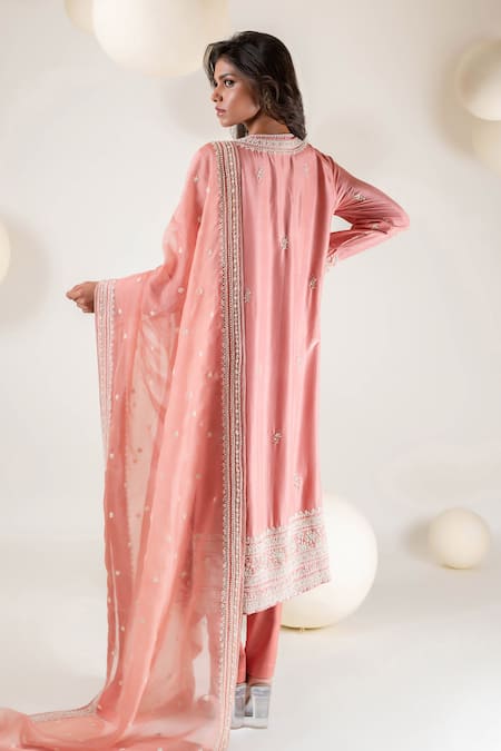 Shop Pallavi Poddar Pink Organza, Satin, Lycra Embroidery, Sequins Blossom Aari Kurta Pant Set at Aza Fashions Shop_Pallavi Poddar_Pink Organza, Satin, Lycra Embroidery, Sequins Blossom Aari Kurta Pant Set _at_Aza_Fashions