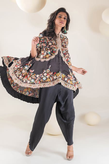 Pallavi Poddar Black Dupion Embroidery Resham Band Collar Aarya Gul Cape With Harem Pant 