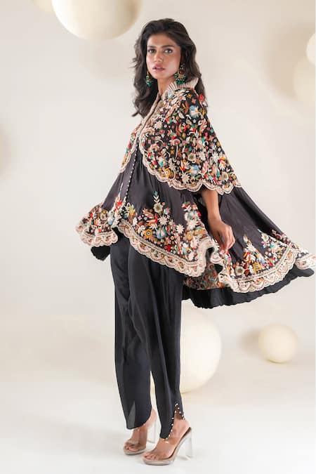 Pallavi Poddar_Black Aarya Resham Gul Embroidered Cape With Harem Pant _Online_at_Aza_Fashions