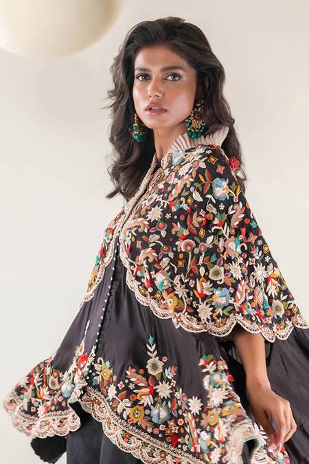 Shop_Pallavi Poddar_Black Aarya Resham Gul Embroidered Cape With Harem Pant _Online_at_Aza_Fashions