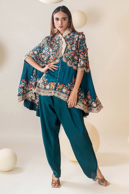 Pallavi Poddar Blue Dupion Embroidery Resham Band Collar Aarya Gullista Cape With Harem Pant 