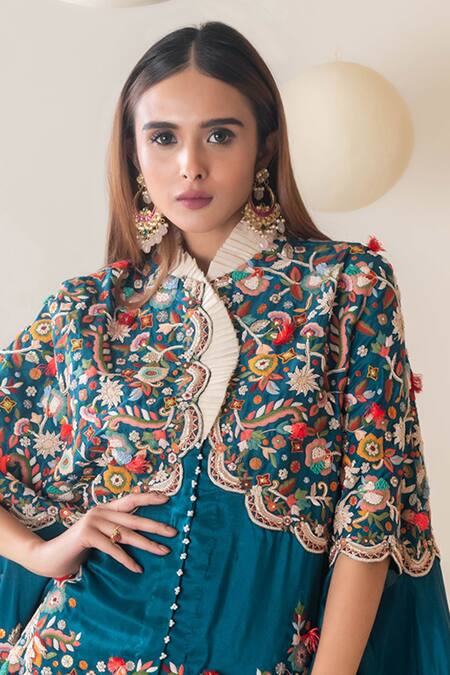 Pallavi Poddar_Blue Aarya Resham Gullista Embroidered Cape With Harem Pant _Online_at_Aza_Fashions