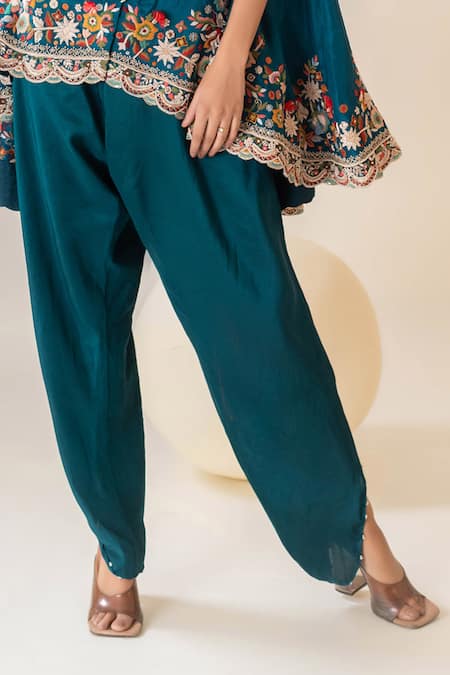 Buy_Pallavi Poddar_Blue Aarya Resham Gullista Embroidered Cape With Harem Pant _Online_at_Aza_Fashions