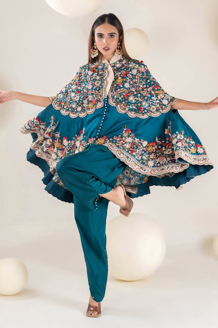 Shop_Pallavi Poddar_Blue Aarya Resham Gullista Embroidered Cape With Harem Pant _Online_at_Aza_Fashions