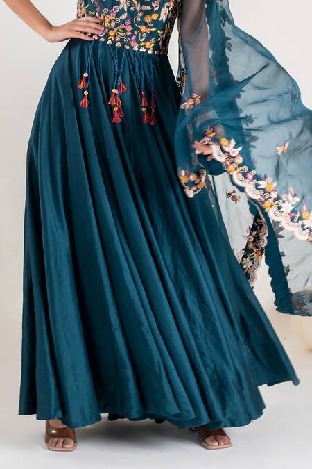 Pallavi Poddar_Blue Organza, Chanderi, Denim Tassels, Bahar Resham Suta Anarkali With Dupatta _Online_at_Aza_Fashions