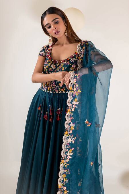 Buy_Pallavi Poddar_Blue Organza, Chanderi, Denim Tassels, Bahar Resham Suta Anarkali With Dupatta _Online_at_Aza_Fashions