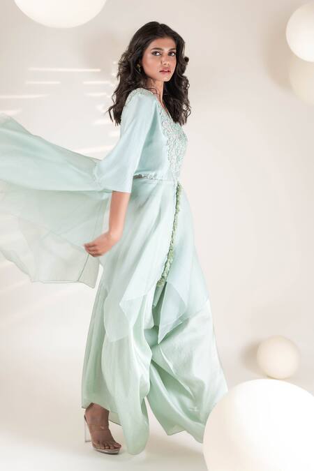 Pallavi Poddar_Blue Organza, Crepe Sequins, Embroidery Arya Quad Bloom Cape Flared Pant Set _Online_at_Aza_Fashions