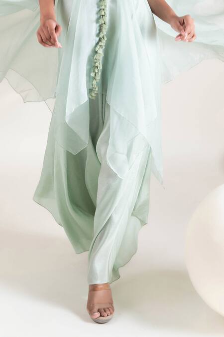 Buy_Pallavi Poddar_Blue Organza, Crepe Sequins, Embroidery Arya Quad Bloom Cape Flared Pant Set _Online_at_Aza_Fashions