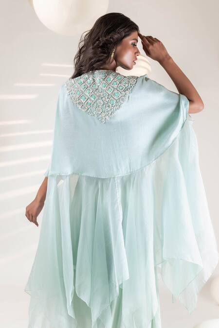 Shop_Pallavi Poddar_Blue Organza, Crepe Sequins, Embroidery Arya Quad Bloom Cape Flared Pant Set _Online_at_Aza_Fashions