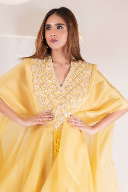 Pallavi Poddar Yellow Organza, Crepe, Denim Embroidery Arya Quad Bloom Kurta With Flared Pant Online at Aza Fashions Pallavi Poddar_Yellow Organza, Crepe, Denim Embroidery Arya Quad Bloom Kurta With Flared Pant _Online_at_Aza_Fashions