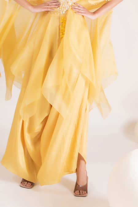 Buy Pallavi Poddar Yellow Organza, Crepe, Denim Embroidery Arya Quad Bloom Kurta With Flared Pant Online at Aza Fashions Buy_Pallavi Poddar_Yellow Organza, Crepe, Denim Embroidery Arya Quad Bloom Kurta With Flared Pant _Online_at_Aza_Fashions