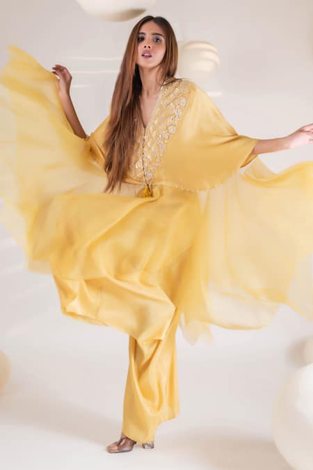 Shop Pallavi Poddar Yellow Organza, Crepe, Denim Embroidery Arya Quad Bloom Kurta With Flared Pant Online at Aza Fashions Shop_Pallavi Poddar_Yellow Organza, Crepe, Denim Embroidery Arya Quad Bloom Kurta With Flared Pant _Online_at_Aza_Fashions
