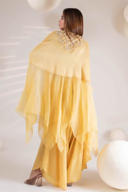 Shop Pallavi Poddar Yellow Organza, Crepe, Denim Embroidery Arya Quad Bloom Kurta With Flared Pant at Aza Fashions Shop_Pallavi Poddar_Yellow Organza, Crepe, Denim Embroidery Arya Quad Bloom Kurta With Flared Pant _at_Aza_Fashions