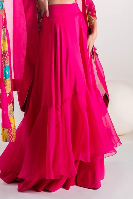 Pallavi Poddar Pink Organza, Silk Patchwork, Sequins Round Neck Persian Cape Skirt Set Online at Aza Fashions Pallavi Poddar_Pink Organza, Silk Patchwork, Sequins Round Neck Persian Cape Skirt Set _Online_at_Aza_Fashions