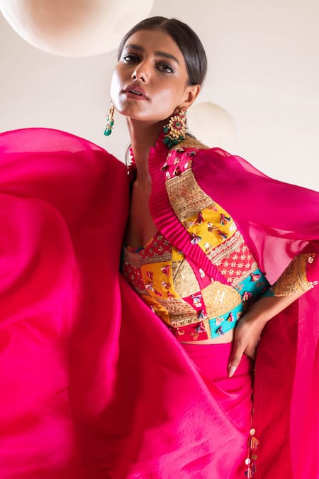 Buy Pallavi Poddar Pink Organza, Silk Patchwork, Sequins Round Neck Persian Cape Skirt Set Online at Aza Fashions Buy_Pallavi Poddar_Pink Organza, Silk Patchwork, Sequins Round Neck Persian Cape Skirt Set _Online_at_Aza_Fashions