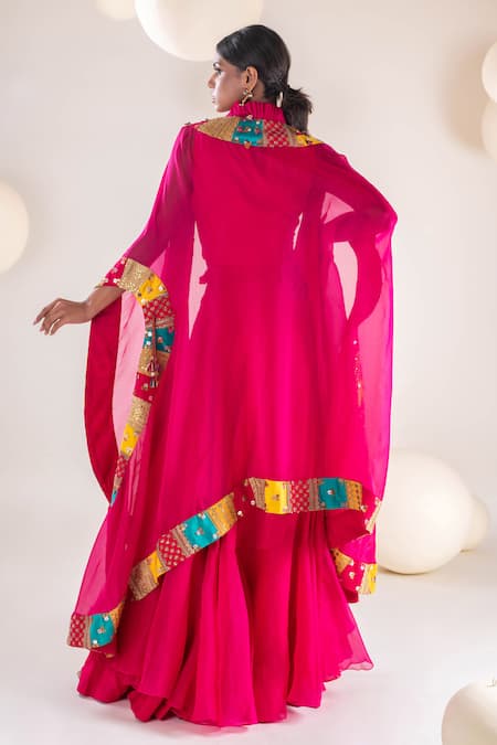 Shop Pallavi Poddar Pink Organza, Silk Patchwork, Sequins Round Neck Persian Cape Skirt Set at Aza Fashions Shop_Pallavi Poddar_Pink Organza, Silk Patchwork, Sequins Round Neck Persian Cape Skirt Set _at_Aza_Fashions