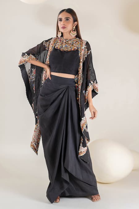 Pallavi Poddar Black Organza Embroidery Resham Suta Phool Bahar Work Cape Draped Skirt Set 