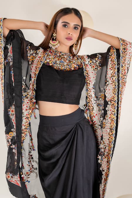 Buy Pallavi Poddar Black Organza Embroidery High Phool Bahar Resham Suta Work Cape Draped Skirt Set Online at Aza Fashions Buy_Pallavi Poddar_Black Organza Embroidery High Phool Bahar Resham Suta Work Cape Draped Skirt Set _Online_at_Aza_Fashions