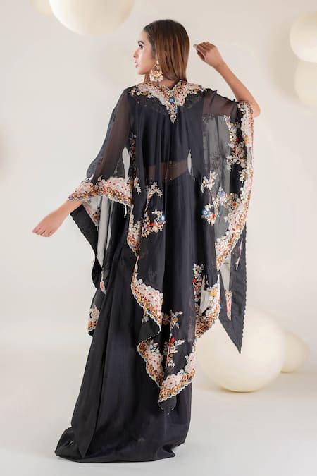 Shop Pallavi Poddar Black Organza Embroidery High Phool Bahar Resham Suta Work Cape Draped Skirt Set at Aza Fashions Shop_Pallavi Poddar_Black Organza Embroidery High Phool Bahar Resham Suta Work Cape Draped Skirt Set _at_Aza_Fashions