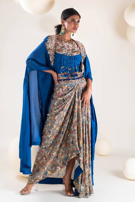 Pallavi Poddar Blue Silk Tassels High Neck Phool Resham Suta Work Cape Draped Skirt Set Online at Aza Fashions Pallavi Poddar_Blue Silk Tassels High Neck Phool Resham Suta Work Cape Draped Skirt Set _Online_at_Aza_Fashions