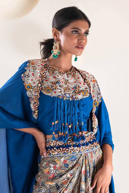 Buy Pallavi Poddar Blue Silk Tassels High Neck Phool Resham Suta Work Cape Draped Skirt Set Online at Aza Fashions Buy_Pallavi Poddar_Blue Silk Tassels High Neck Phool Resham Suta Work Cape Draped Skirt Set _Online_at_Aza_Fashions