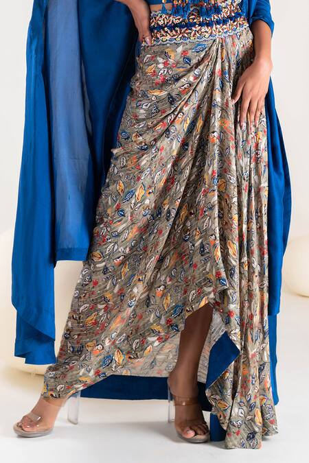 Shop Pallavi Poddar Blue Silk Tassels High Neck Phool Resham Suta Work Cape Draped Skirt Set Online at Aza Fashions Shop_Pallavi Poddar_Blue Silk Tassels High Neck Phool Resham Suta Work Cape Draped Skirt Set _Online_at_Aza_Fashions