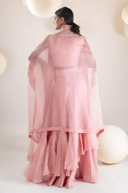 Shop Pallavi Poddar Pink Organza, Silk Embroidery, Beads Round Neck Petunia Resham Cape Skirt Set at Aza Fashions Shop_Pallavi Poddar_Pink Organza, Silk Embroidery, Beads Round Neck Petunia Resham Cape Skirt Set _at_Aza_Fashions