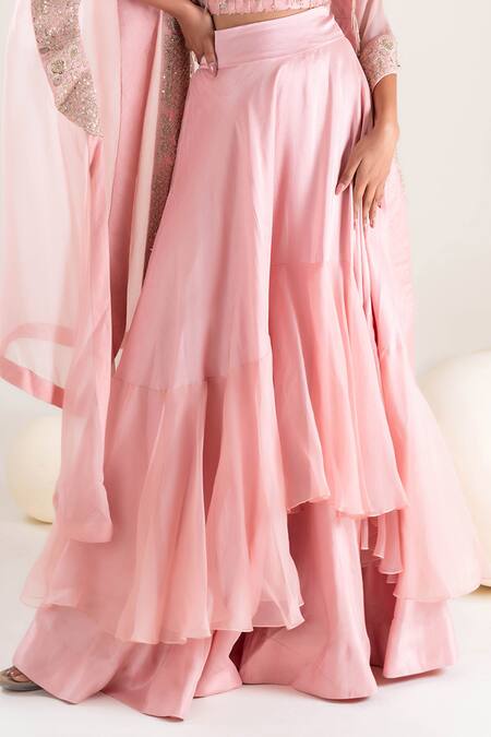 Pallavi Poddar Pink Organza, Silk Embroidery, Beads Round Neck Petunia Resham Cape Skirt Set Online at Aza Fashions Pallavi Poddar_Pink Organza, Silk Embroidery, Beads Round Neck Petunia Resham Cape Skirt Set _Online_at_Aza_Fashions