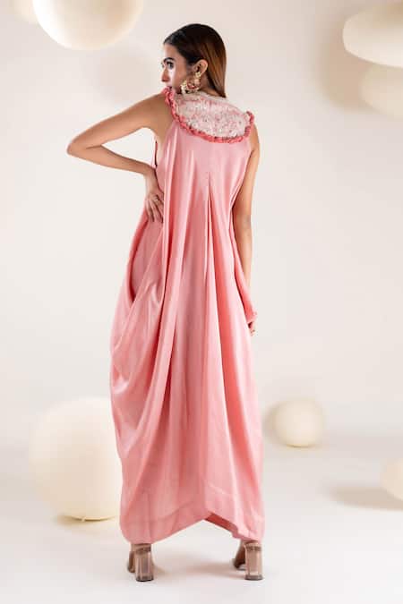 Shop_Pallavi Poddar_Pink Satin, Lycra Embroidery, Tassels Cosmos Thread Yoke Cowl Draped Jumpsuit _at_Aza_Fashions