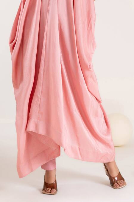 Pallavi Poddar_Pink Satin, Lycra Embroidery, Tassels Cosmos Thread Yoke Cowl Draped Jumpsuit _Online_at_Aza_Fashions