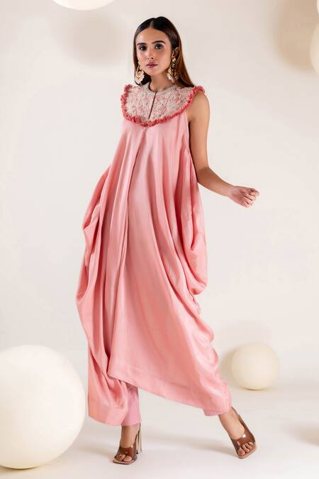 Buy_Pallavi Poddar_Pink Satin, Lycra Embroidery, Tassels Cosmos Thread Yoke Cowl Draped Jumpsuit _Online_at_Aza_Fashions