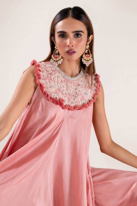 Shop_Pallavi Poddar_Pink Satin, Lycra Embroidery, Tassels Cosmos Thread Yoke Cowl Draped Jumpsuit _Online_at_Aza_Fashions