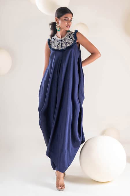 Pallavi Poddar_Purple Satin Embroidery, Tassels Round Cosmos Bloom Yoke Cowl Draped Jumpsuit _Online_at_Aza_Fashions