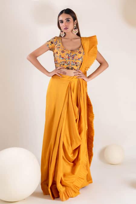 Pallavi Poddar Yellow Dupion Embroidery Pleated Border Pre-draped Saree With Blouse 