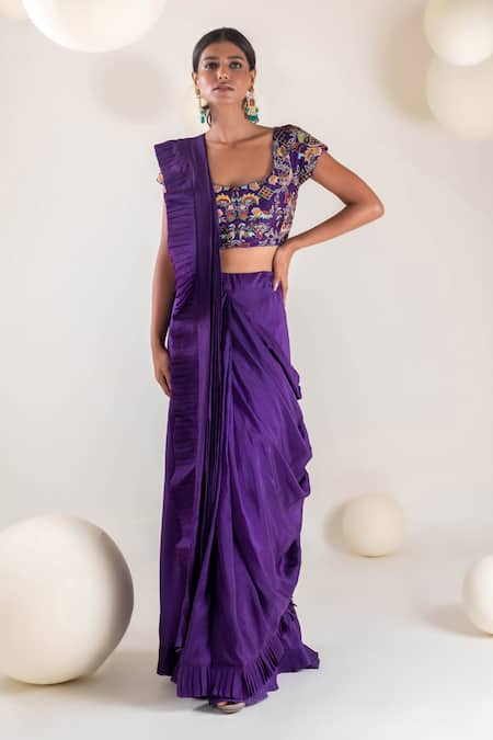 Pallavi Poddar Purple Dupion Embroidered Blouse Floral Scoop Neck Pre-draped Saree With 