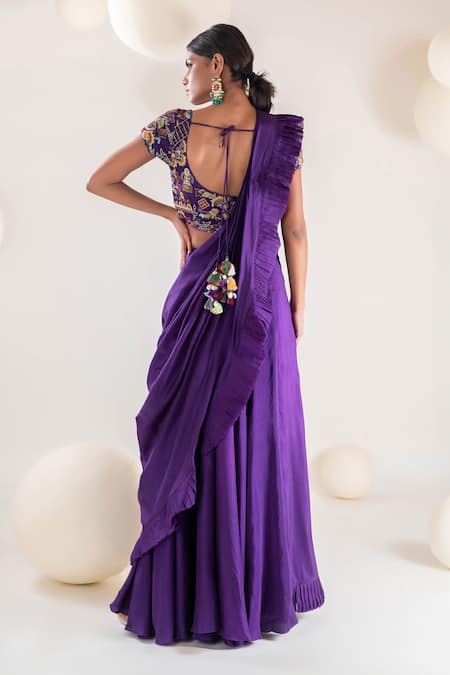 Shop Pallavi Poddar Purple Denim, Silk Embroidery Scoop Neck Pre-draped Saree With Blouse at Aza Fashions Shop_Pallavi Poddar_Purple Denim, Silk Embroidery Scoop Neck Pre-draped Saree With Blouse _at_Aza_Fashions