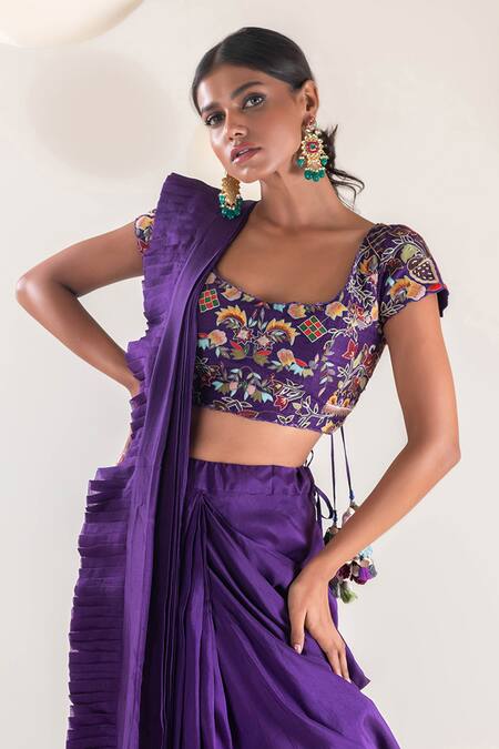 Pallavi Poddar Purple Denim, Silk Embroidery Scoop Neck Pre-draped Saree With Blouse Online at Aza Fashions Pallavi Poddar_Purple Denim, Silk Embroidery Scoop Neck Pre-draped Saree With Blouse _Online_at_Aza_Fashions