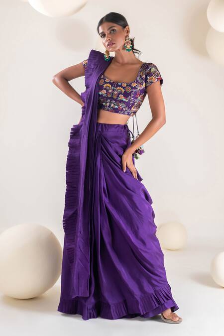 Buy Pallavi Poddar Purple Denim, Silk Embroidery Scoop Neck Pre-draped Saree With Blouse Online at Aza Fashions Buy_Pallavi Poddar_Purple Denim, Silk Embroidery Scoop Neck Pre-draped Saree With Blouse _Online_at_Aza_Fashions