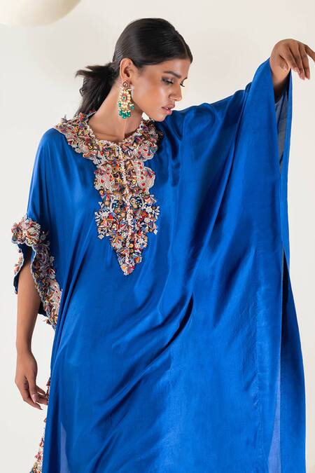 Pallavi Poddar Blue Denim Embroidery Round Neck Yoke Kaftan With Pant Online at Aza Fashions Pallavi Poddar_Blue Denim Embroidery Round Neck Yoke Kaftan With Pant _Online_at_Aza_Fashions