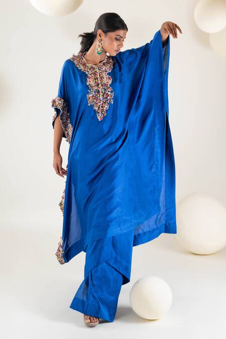 Buy Pallavi Poddar Blue Denim Embroidery Round Neck Yoke Kaftan With Pant Online at Aza Fashions Buy_Pallavi Poddar_Blue Denim Embroidery Round Neck Yoke Kaftan With Pant _Online_at_Aza_Fashions