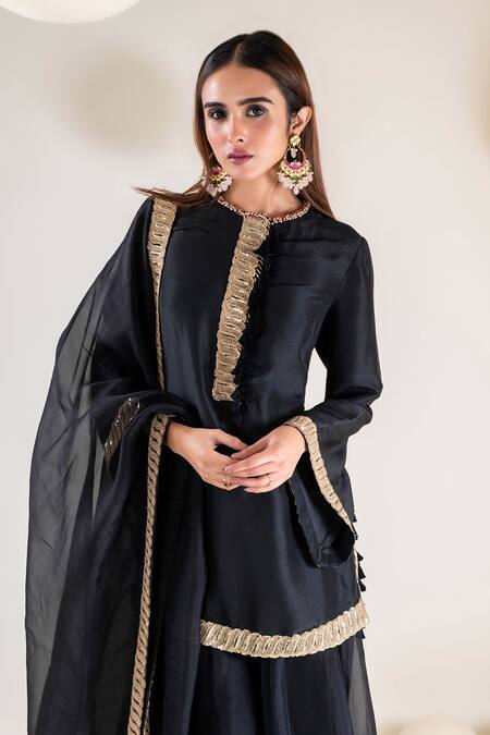 Pallavi Poddar_Black Organza, Silk, Denim Embroidery, Zari Round Zardozi Kurta Sharara Set _Online_at_Aza_Fashions