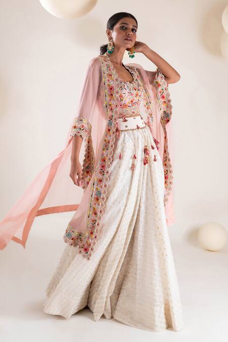 Pallavi Poddar Ivory Chanderi, Organza Tassels, Embroidery Open Neck Border Cape Lehenga Set Online at Aza Fashions Pallavi Poddar_Ivory Chanderi, Organza Tassels, Embroidery Open Neck Border Cape Lehenga Set _Online_at_Aza_Fashions